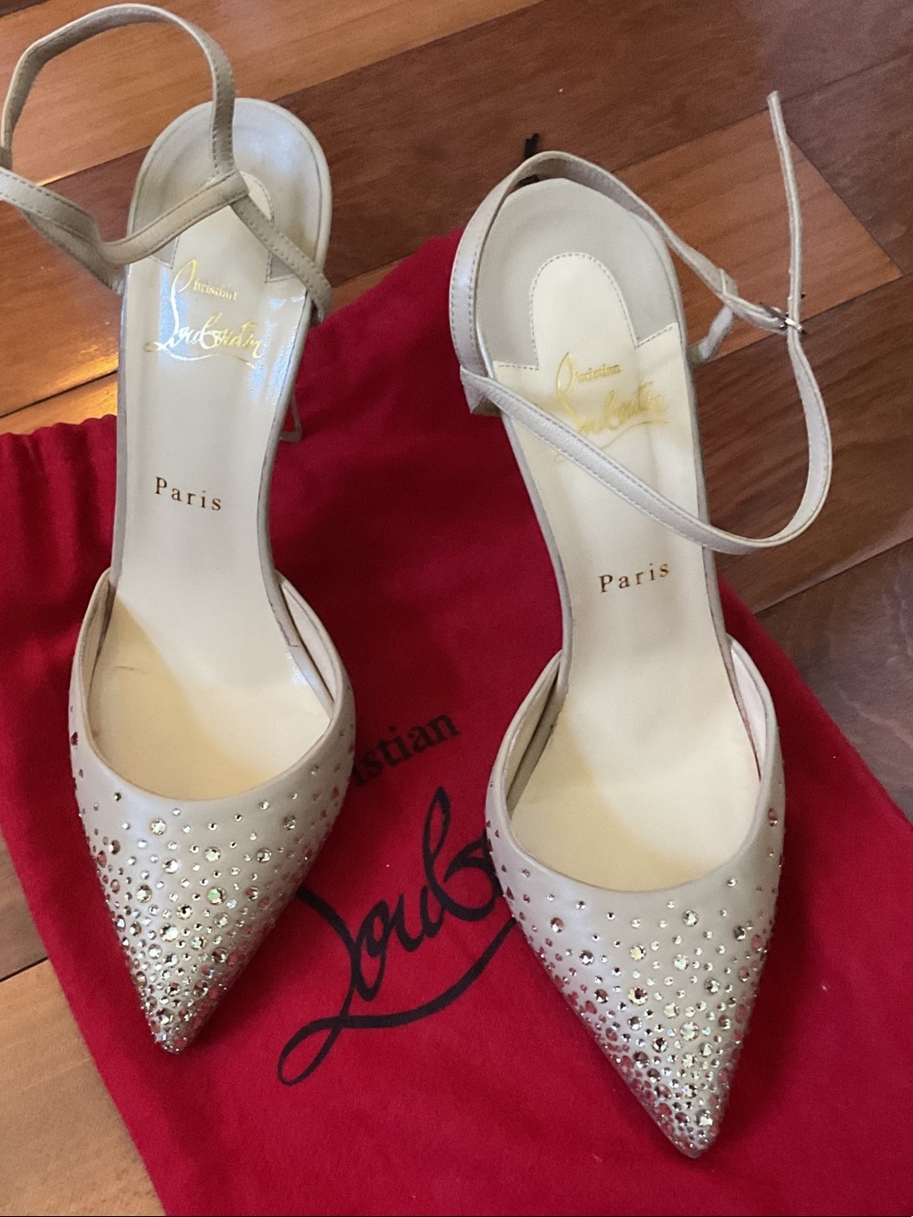 Christian Louboutin Beige Crystal-Embellished Pointed Toe Ankle-Strap Pumps
